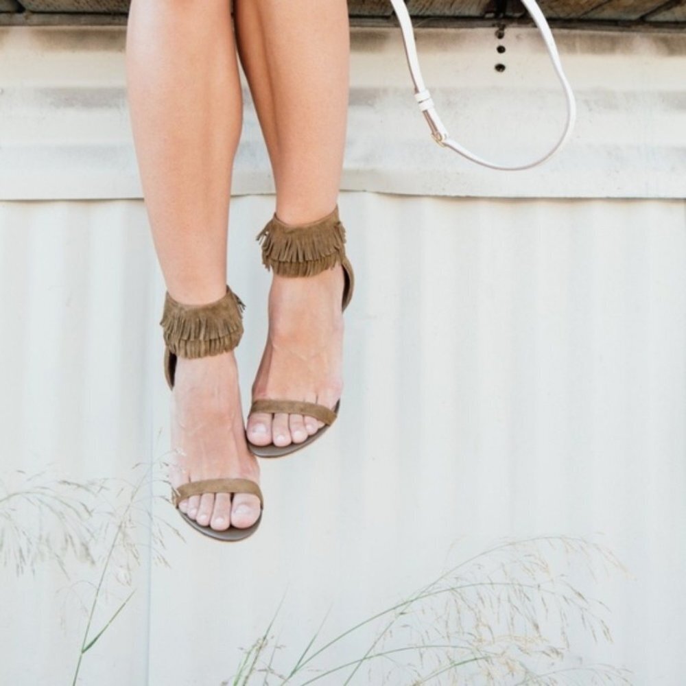 Joie Alek Olive Tan Brown Fringe Suede Heel Sandal 36 1/2 US 6.5